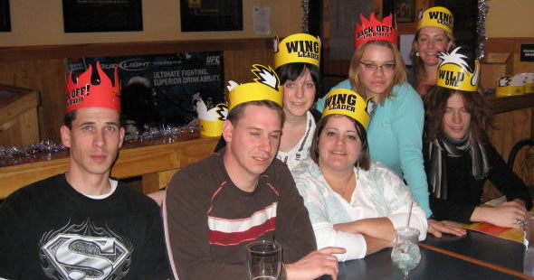 Wild Wings dinner party: David, Kenneth, Atarah, Jenni, Heather, Laura and Isaiah