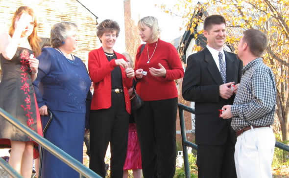 Amy's family on chapel steps at newlywed sendoff